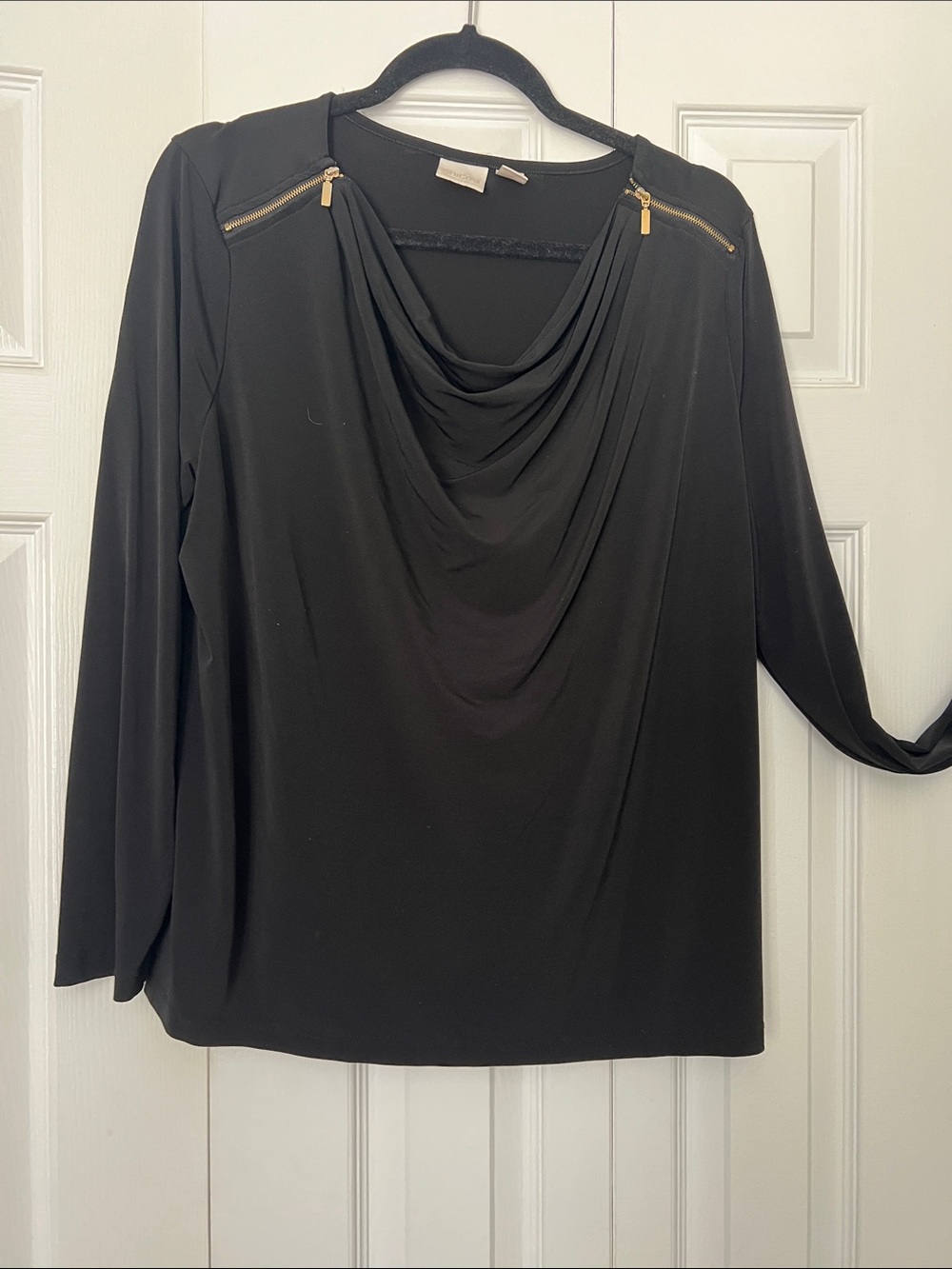 Chico's Black Drape-Neck Long Sleeve Top with Gold Zippers